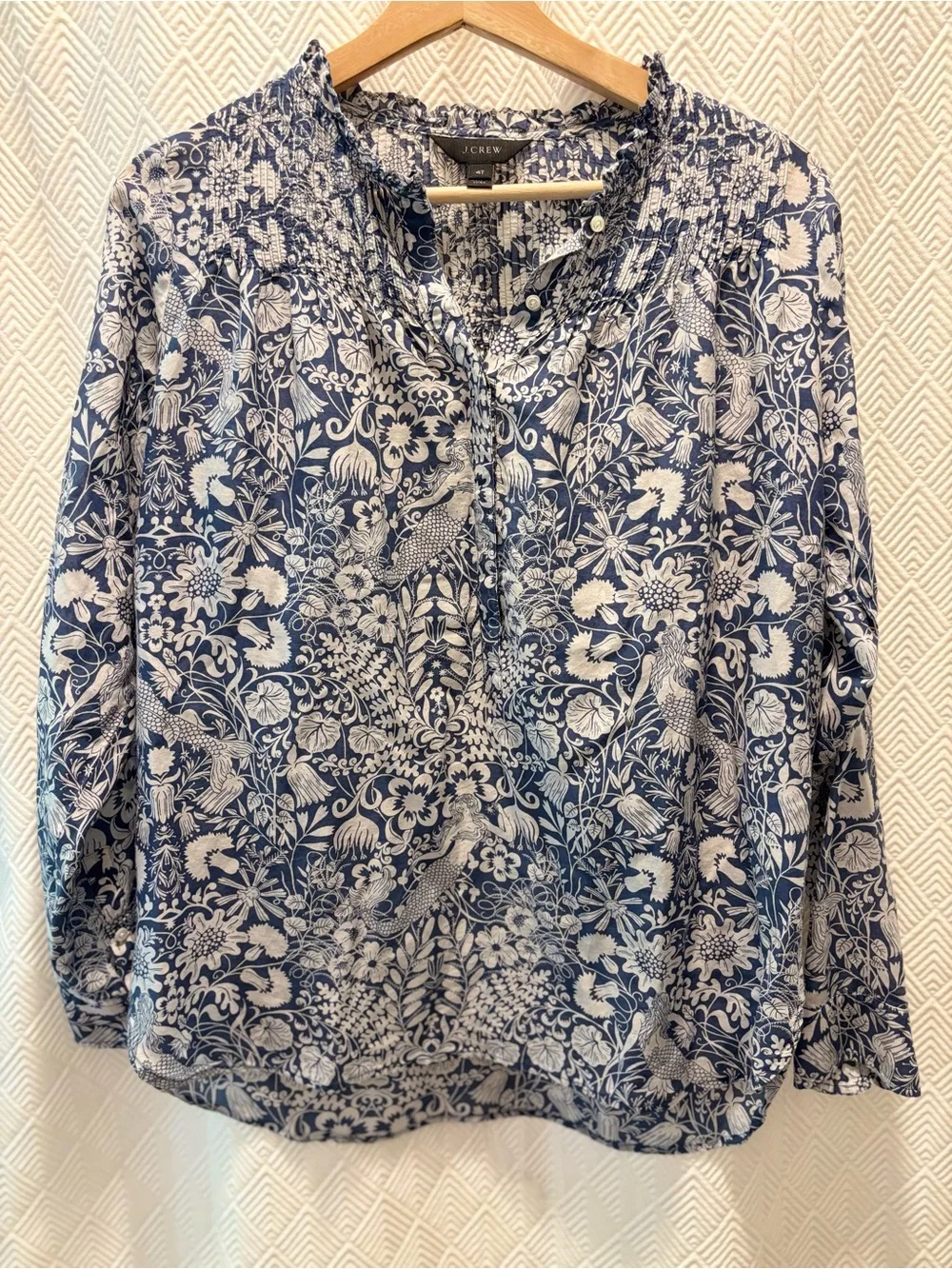 J.CREW Collection Silk-Cotton Smocked Ruffle-Neck Top in Mermaid Floral 4